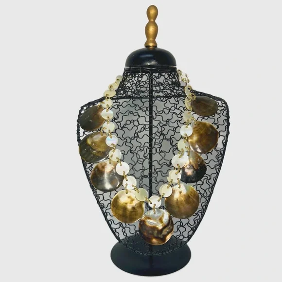 Tiger Shell Statement Necklace Natural Brown White Boho  Jewelry size 18” - Picture 3 of 5